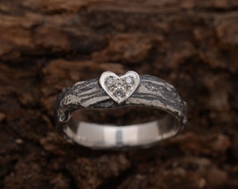 Heart Tree Bark Ring with brilliant cut diamonds, Sterling Silver Tree Bark Heart Ring DA567