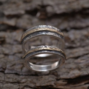 Couples Wedding Bands, Tree Bark Design, Silver & Gold Wedding Ring Set, BE179