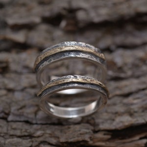 Alianças de casamento para casais, design de casca de árvore, conjunto de alianças de casamento em prata e ouro, BE179