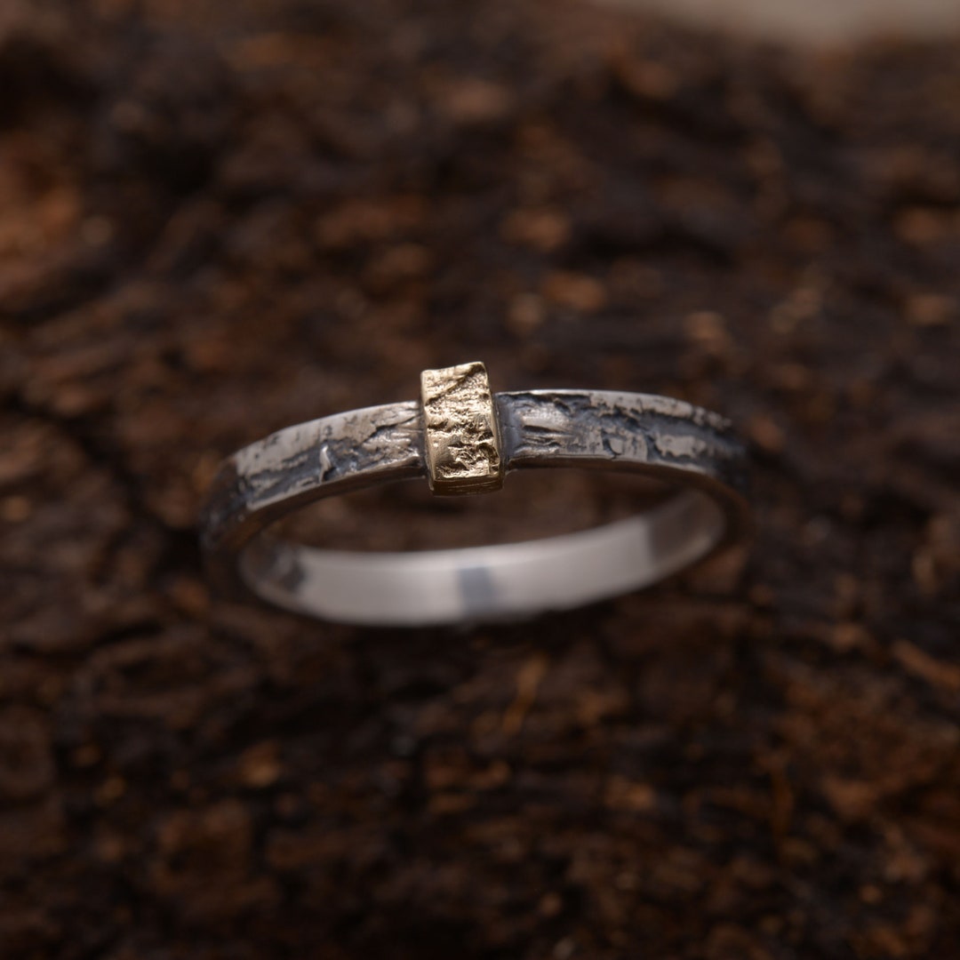 Forest Band, Nature Inspired Sterling Silver & 14kt Gold Ring, 3mm Wide ...
