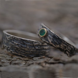 Green Onyx tree bark wedding band set, Sterling silver & gold 14KT matching wedding bands, BE173