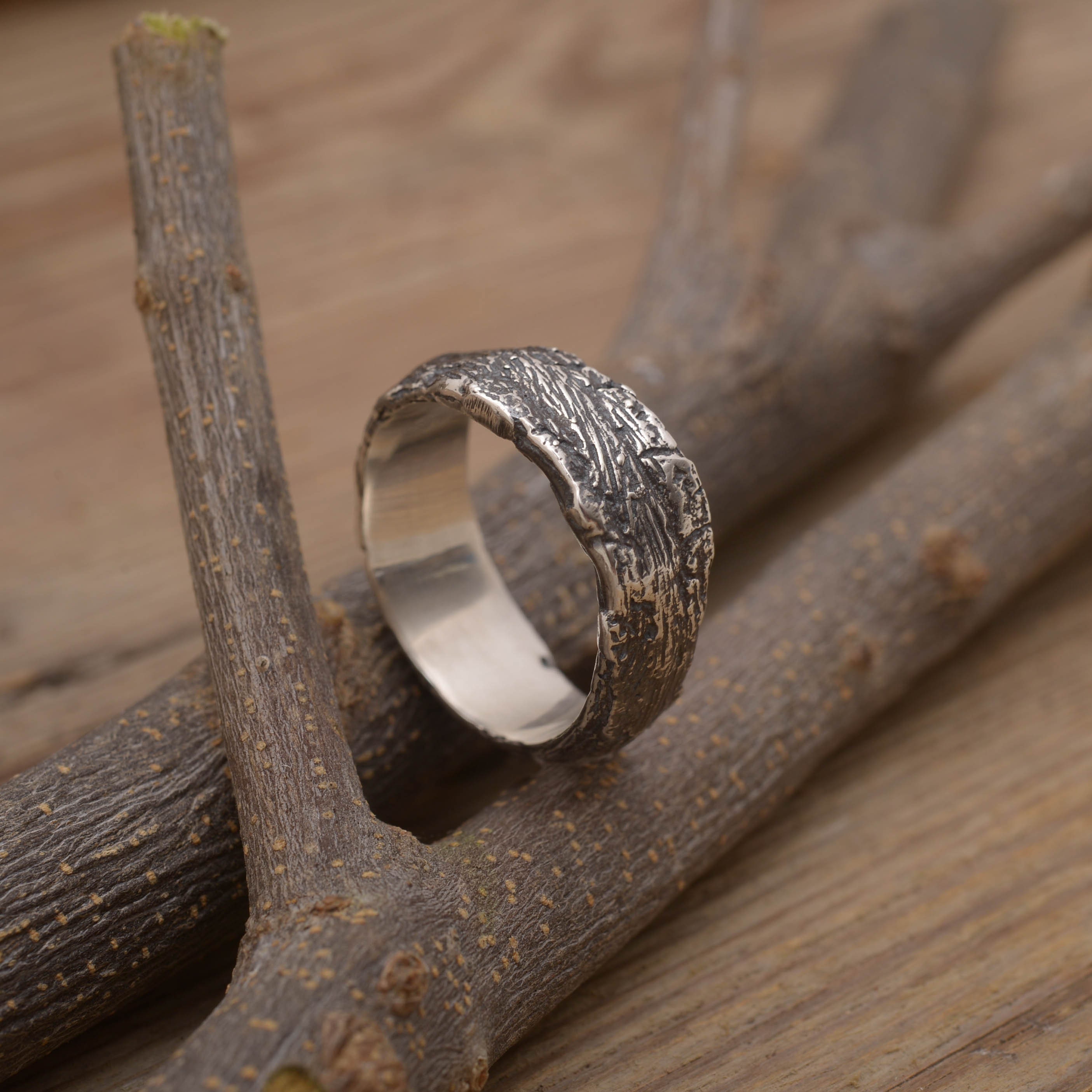 Artistic Tree Bark Ring for Him, Sterling Silver Forest
