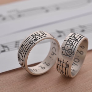 Customized Music Wedding Band Set, Your Favorite Song Ring Set,  Sterling Silver Personalised Music Note Bands BE107