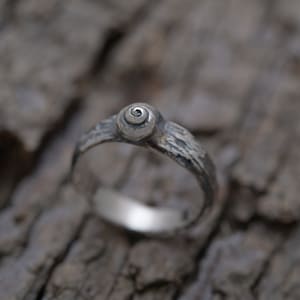 Womens Snail on Tree Bark Band, Sterling Silver Ring for animal and nature lovers, DA539