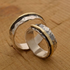 Sterling Silver and Gold Matching Wedding Bands, His and Hers Wedding Rings, 8mm width for groom, 7mm for bride, Promise Ring Set, BE117