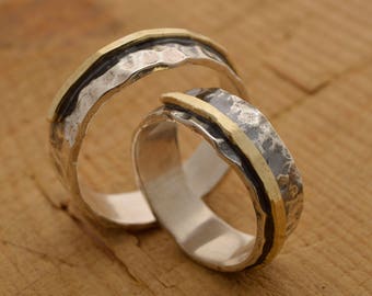 Sterling Silver and Gold Matching Wedding Bands, His and Hers Wedding Rings, 8mm width for groom, 7mm for bride, Promise Ring Set, BE117