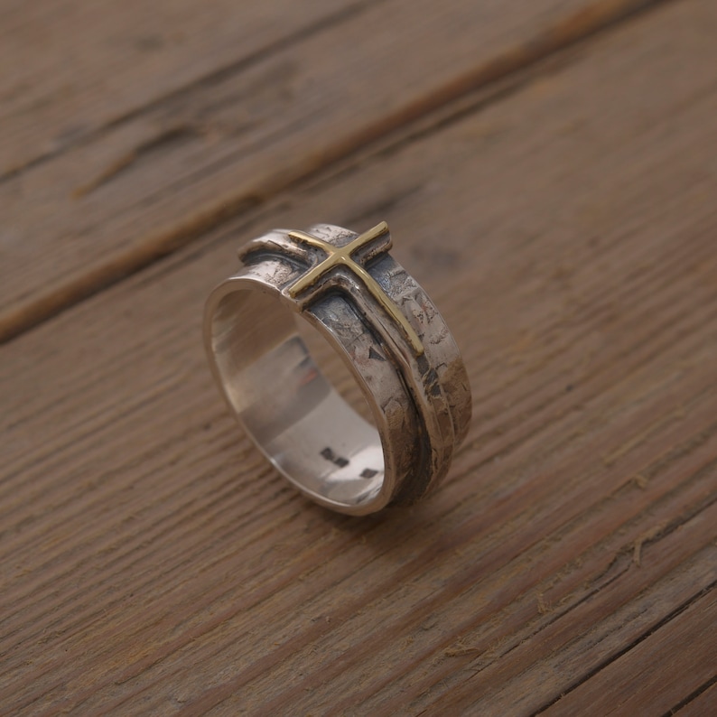Christian Ring for Men Cross Ring in Sterling Silver and 14KT Etsy