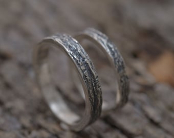 Alianças de casamento combinando em prata com padrão de casca de árvore, conjunto de noivado inspirado em árvores da floresta com 4 mm e 2,5 mm de largura, BE174