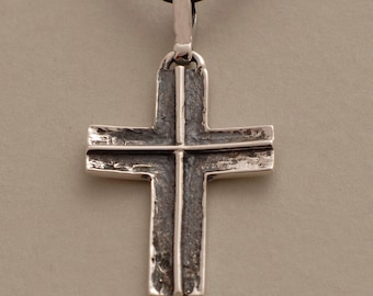 Oxidized Sterling Silver Cross Necklace: Mens Leather Cord PendantST369