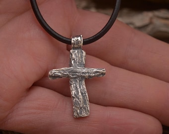 Handmade Sterling Silver Tree Bark Cross Necklace, Forest Inspired Jewelry, ST914