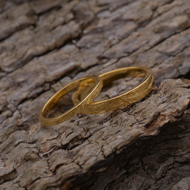 Matching Tree Bark Wedding Bands in Gold Plated Sterling Silver, 3.3mm and 2mm wide, Unique Wedding Set, BE164 image 8