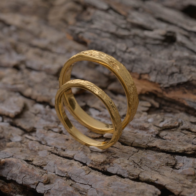 Matching Tree Bark Wedding Bands in Gold Plated Sterling Silver, 3.3mm and 2mm wide, Unique Wedding Set, BE164 image 1
