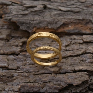 Matching Tree Bark Wedding Bands in Gold Plated Sterling Silver, 3.3mm and 2mm wide, Unique Wedding Set, BE164 image 6