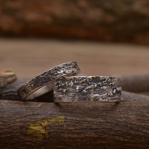 Tree inspired silver matching wedding band set, 8.5mm & 3mm wide forest branch bridal set, BE198