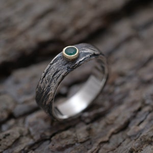 Gemstome Promise Ring for Her, Green Onyx Sterling Silver & Gold 14KT Tree Bark Engagement Ring DM14