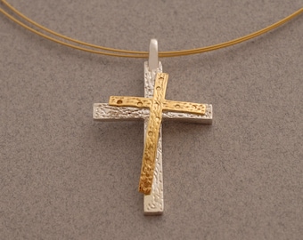 Womens Cross Necklace, Hammered Sterling Silver Cross, Double - Three Dimensional Cross, Women's Catholic Jewelry ST631a