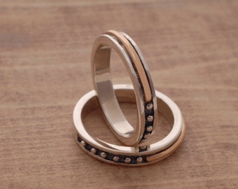 Sterling Silver and Gold Matching Wedding Bands, Unique Wedding Rings, Anniversary Rings, BE12