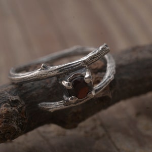 Garnet Twig Ring, Sterling Silver Botanical Jewelry for Her DA396
