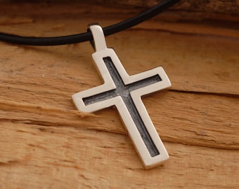 Oxidized Silver Cross Necklace, Modern Cross Unique Christian Jewelry, Ask for engraving on back, ST362