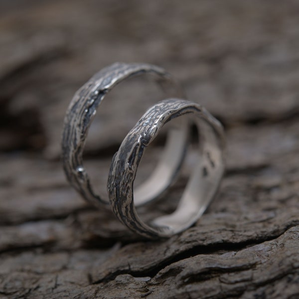 Tree bark silver wedding band set, Rustic his & hers old olive family tree rings, 5mm wide, BE170