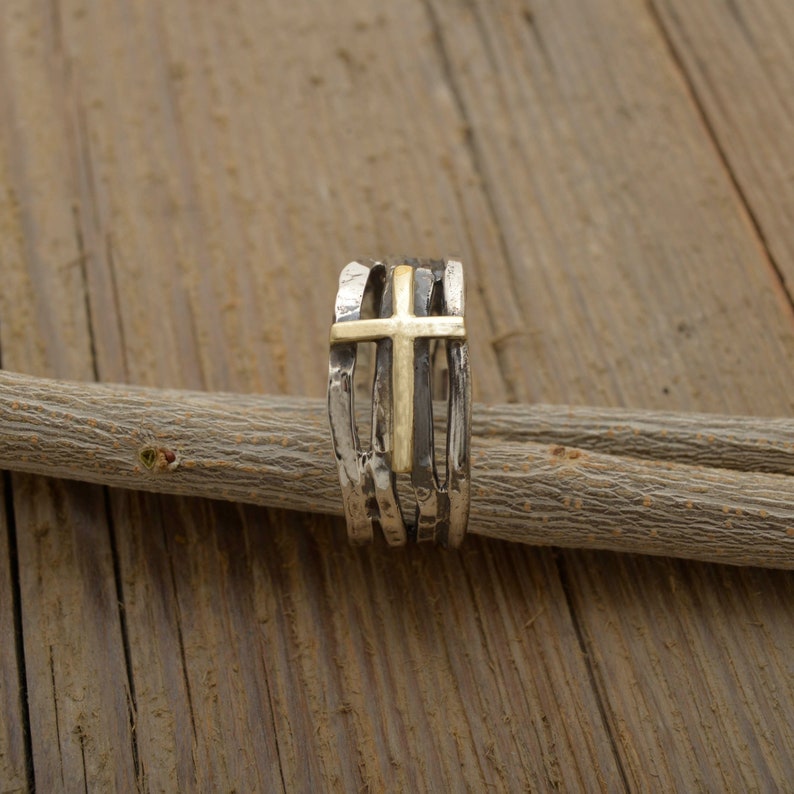 Mens Cross Ring Sterling Silver & 14KT Gold Twig Ring Gift Etsy