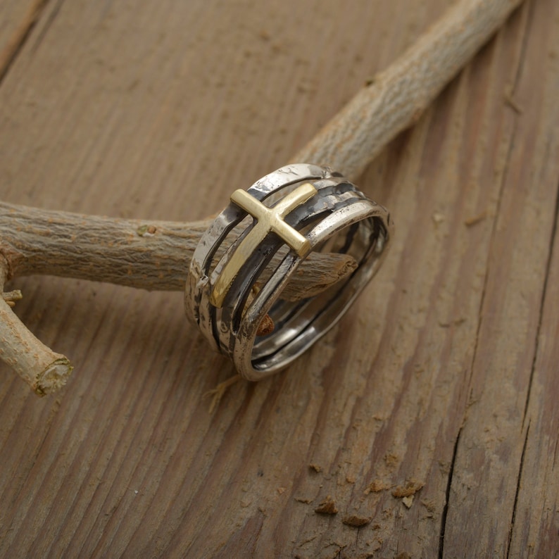 Mens Cross Ring Sterling Silver & 14KT Gold Twig Ring Gift Etsy