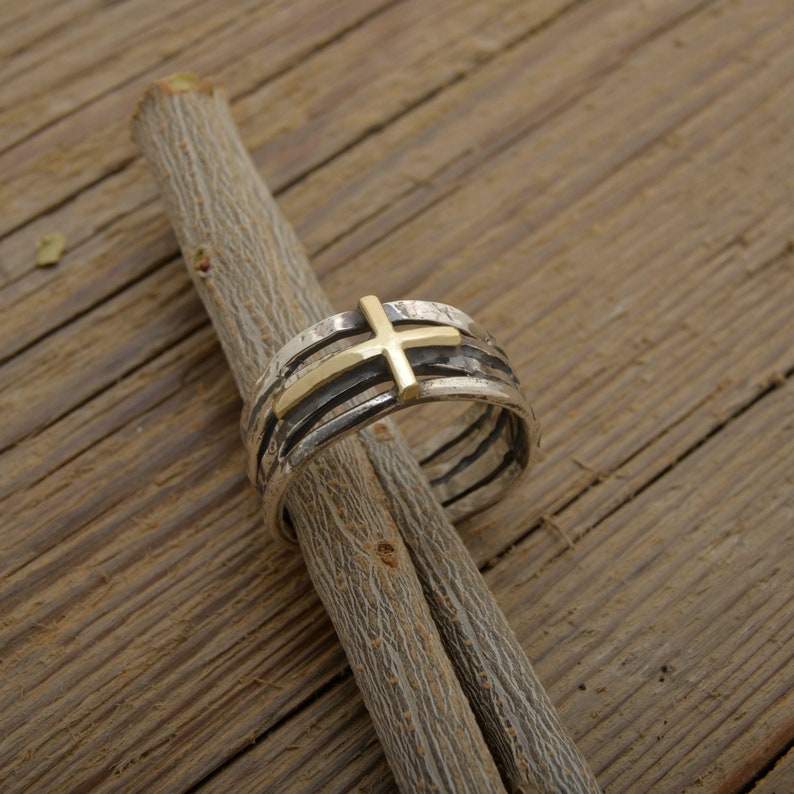 Mens Cross Ring Sterling Silver & 14KT Gold Twig Ring Gift Etsy