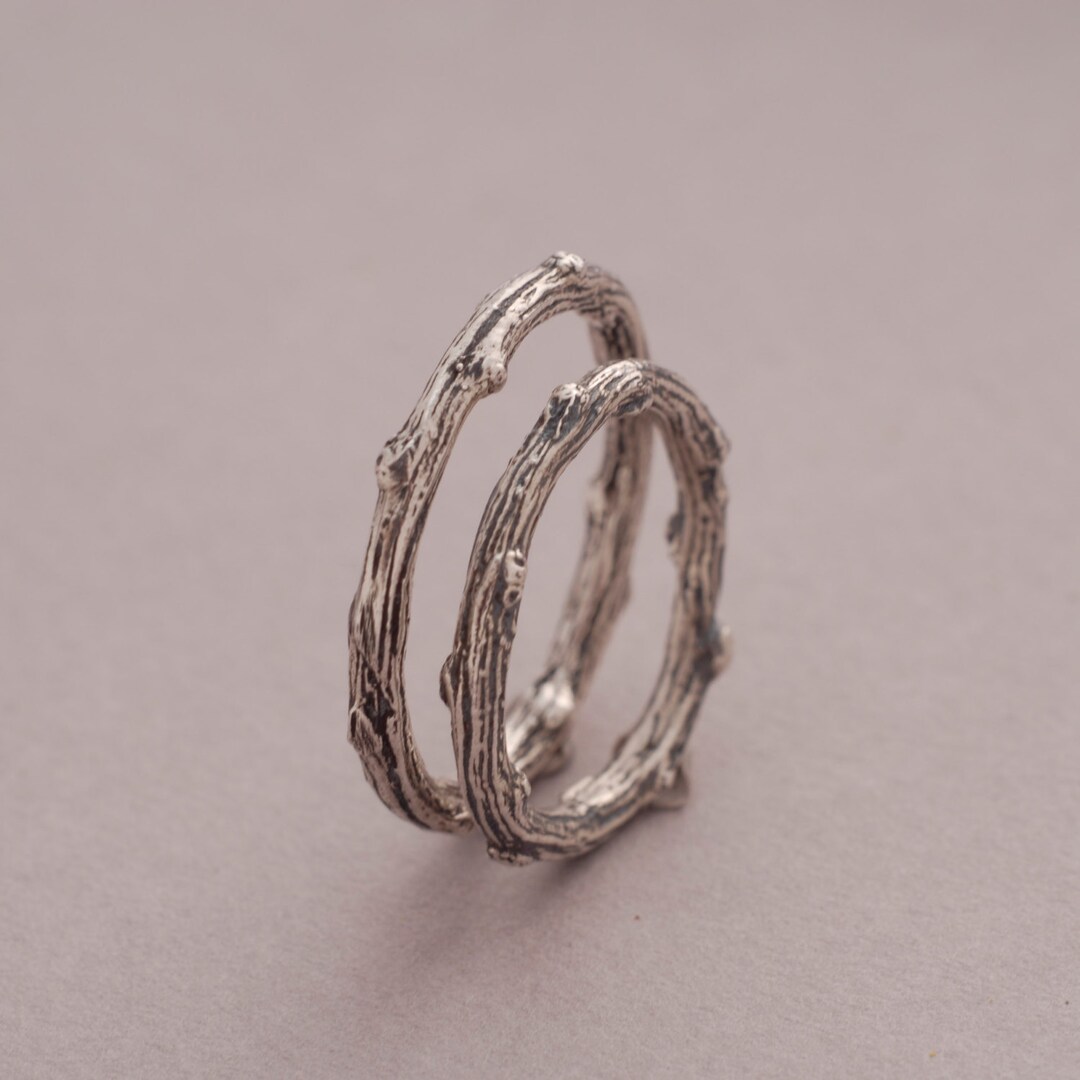 Twinning Rings Silver Twig Matching Wedding Band Rings, Olive Tree Branch Wedding Band ...