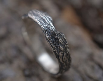 Artistic mens band, Tree bark design, Sterling silver forest branch ring, 5mm wide, Free inside engraving by hand, DA537