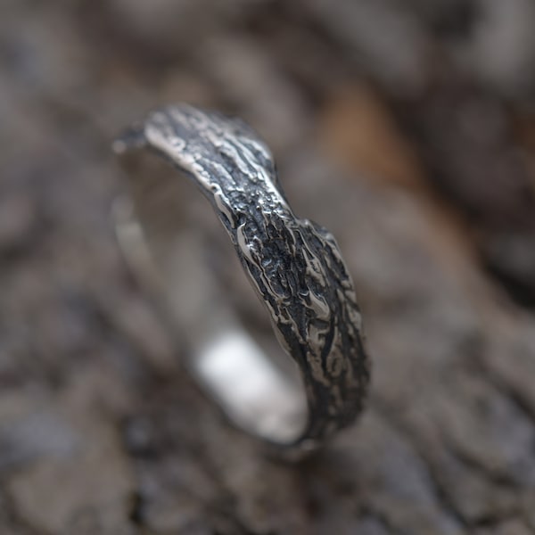 Artistic mens band, Tree bark design, Sterling silver forest branch ring, 5mm wide, Free inside engraving by hand, DA537
