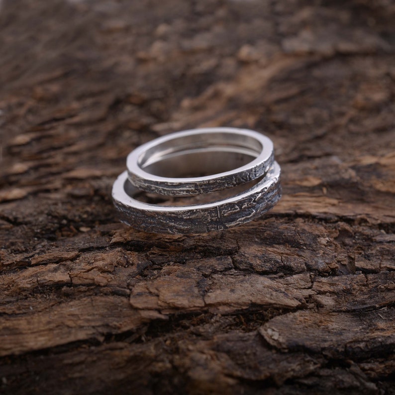 Set di fedi nuziali ispirate alla natura, anelli di corteccia di legno in argento sterling, 2 mm e 4 mm di larghezza, BE193 immagine 6