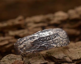 Raw Black Spinel  Sterling Silver Ring - Handmade Tree Bark Band| 15% OFF Annual Sale