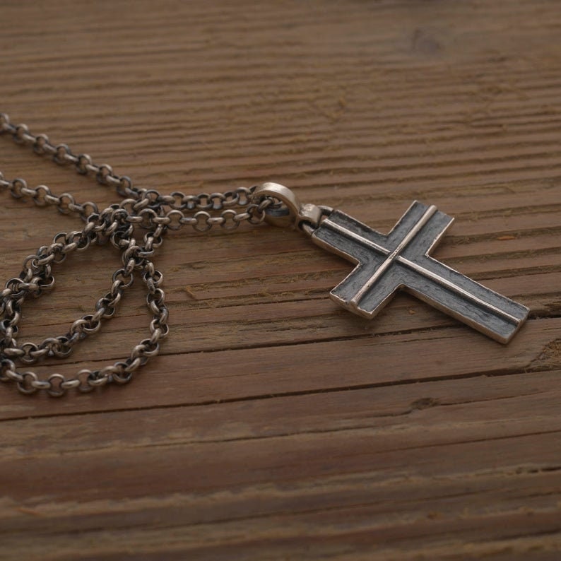 Mens Cross Necklace Silver Black Cross on Leather Cord or Etsy