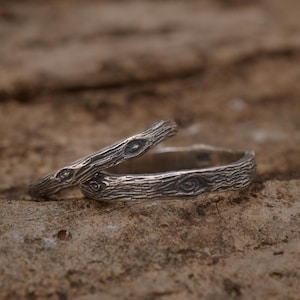 Matching couple rings, Sterling silver tree bark wedding band set, BE255
