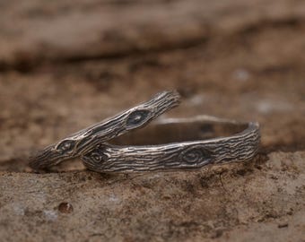 Matching couple rings, Sterling silver tree bark wedding band set, BE255| 15% OFF Annual Sale