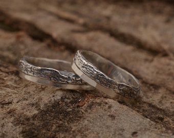 Couples wedding band set, rustic wood bark design in sterling silver, 5mm wide BE267| 15% OFF Annual Sale