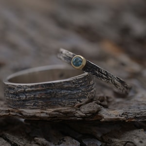 Blue topaz tree bark wedding band set, Sterling silver and gold 14KT wedding bands, BE182