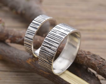 Matching Wedding Bands, Tree Bark Wedding Ring Set in Sterling Silver, BE160