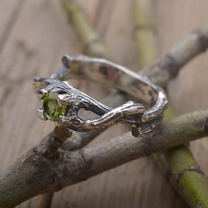 Twig Peridot Ring, Sterling Silver Twisted Branch Engagement Ring, DA505