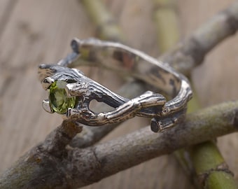 Twig Peridot Ring, Sterling Silver Twisted Branch Engagement Ring, DA505