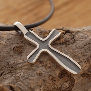 Oxidized Silver Cross Necklace, Modern Cross Pendant, Black Cross for Men or Women, Unique Religious Jewelry ST636