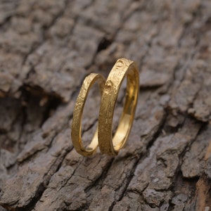 Matching Tree Bark Wedding Bands in Gold Plated Sterling Silver, 3.3mm and 2mm wide, Unique Wedding Set, BE164 image 4