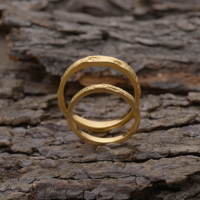 Matching Tree Bark Wedding Bands in Gold Plated Sterling Silver, 3.3mm and 2mm wide, Unique Wedding Set, BE164 image 5