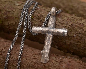 Tree bark sterling silver cross necklace, Tree Branch Christian Pendant, ST900