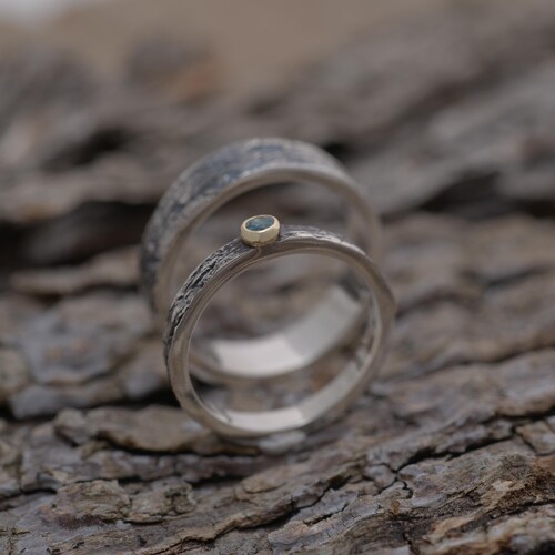 Blue topaz shops tree bark wedding band set, Sterling silver and gold 14KT wedding bands, BE182