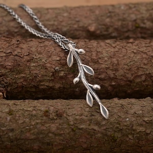 Olive leaf twig necklace for women, Sterling silver olive branch with leaves, nature inpired jewelry, MA506