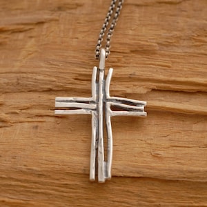 Rustic Sterling Silver Cross Necklace, Twig Cross Necklace, Tree Branch Religious Pendant ST638