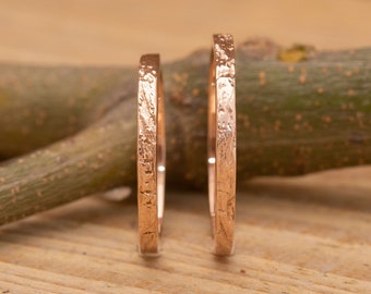 Tree bark solid 14kt rose gold wedding band set, His & hers twig tree rings, 2mm wide, BE84