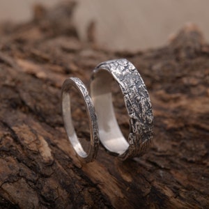 Matching wedding bands for forest lovers, Sterling silver wood bark rings, 2mm & 6mm wide, BE196