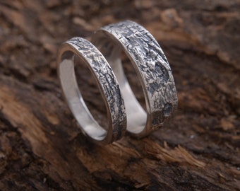 Wood bark sterling silver wedding band set, couples promise rings, 3mm & 6mm wide, BE192